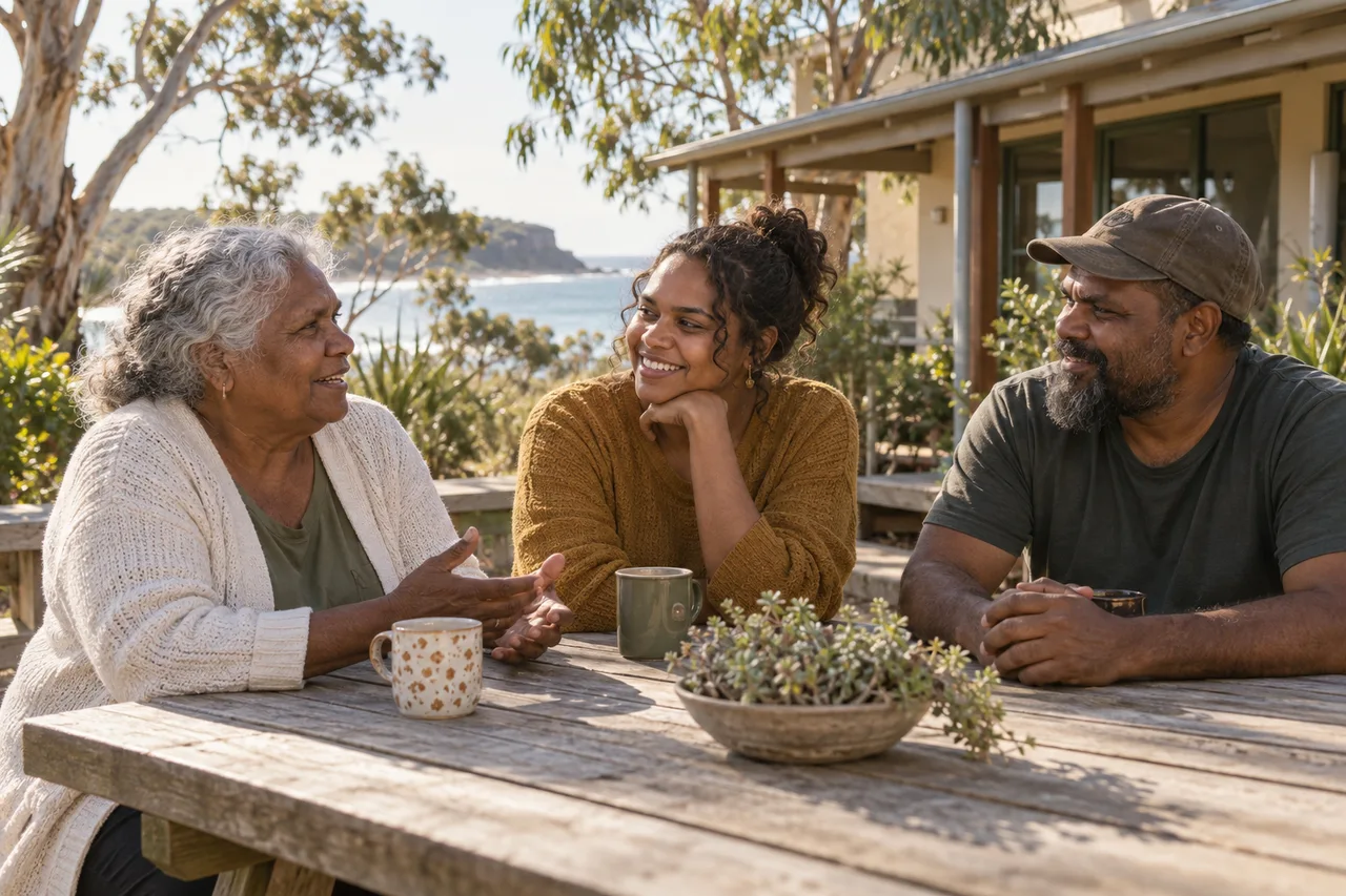 Illustration of three adults of different generations sharing a conversation outdoors.